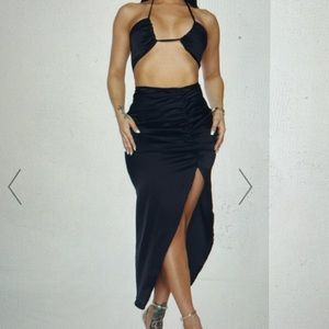 Pretty little thing black cut out ruched midi dress satin